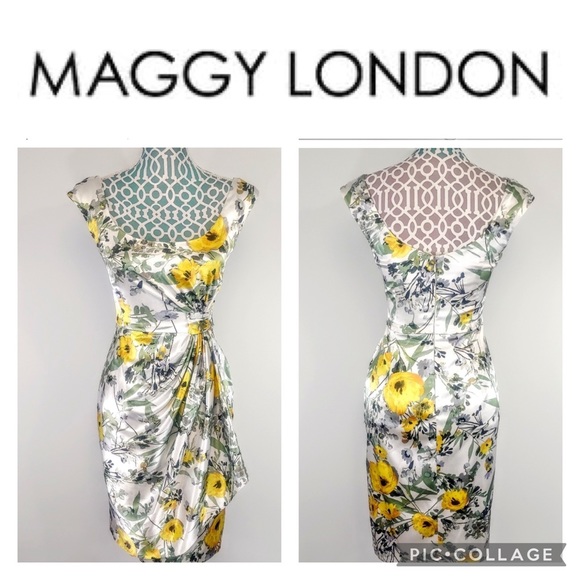 MAGGY LONDON Lined Silky Floral Gathered Faux Wrap Dress 4 - Picture 5 of 12